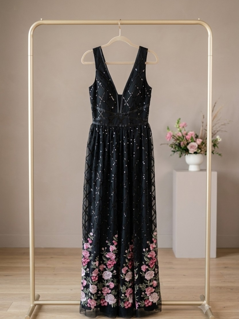 Trixxi Black Maxi Dress with Pink Floral Hem Embroidery